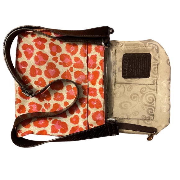 Brighton Orange Pink Color Print Multi Pocket Silver Hardware Crossbody Bag! - Picture 5 of 11